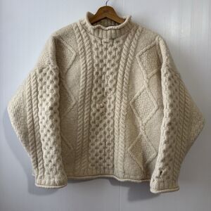 Vintage Inis Crafts Irish Cable Knit Fisherman Sweater 100% Wool Ivory M Chunky